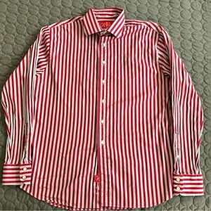 Red and White Striped Dress Shirt with Pointed Collar